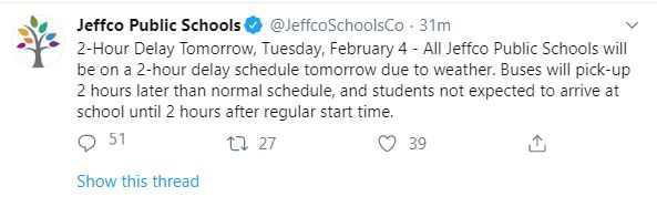 Jeffco Public Schools on 2-hour delayed start for Tuesday