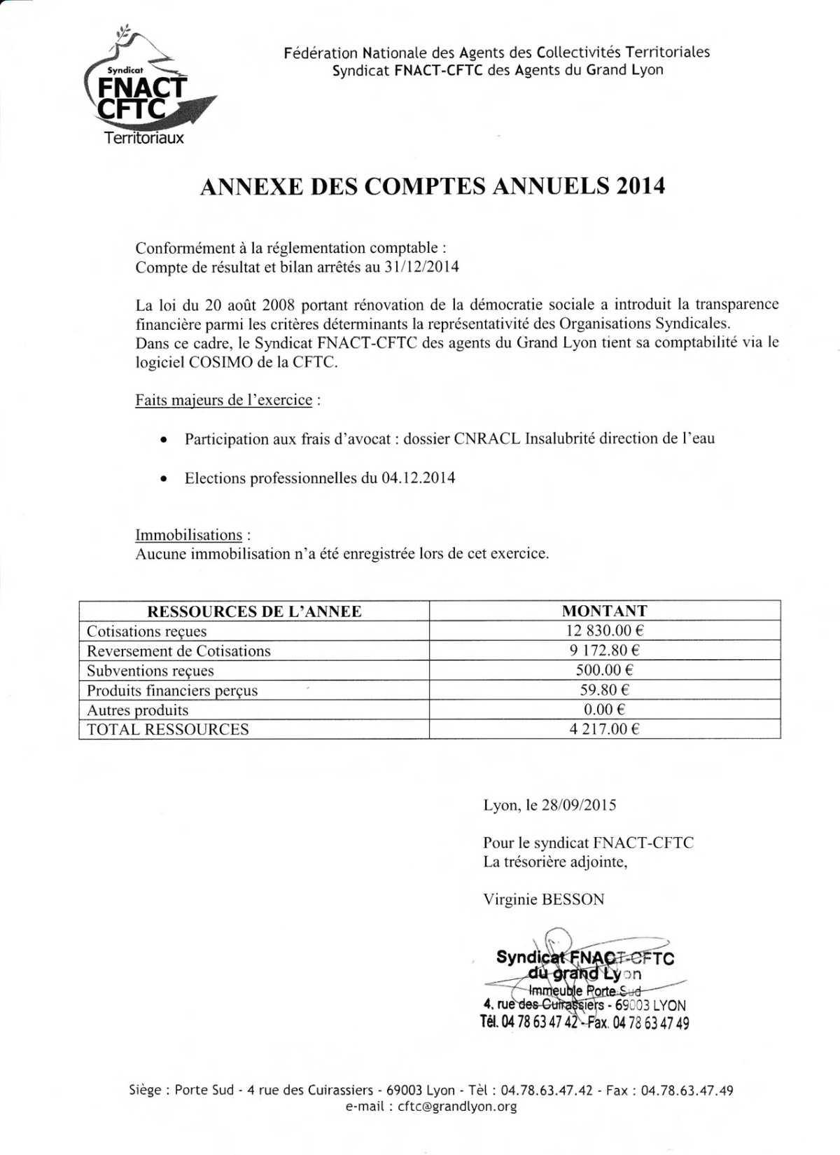 Comptes 2014 du syndicat CFTC de la communauté urbaine du Grand-Lyon