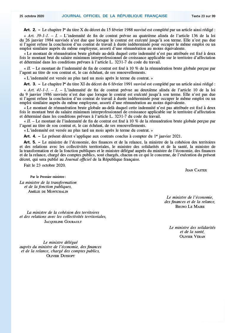 Décret n° 20201296 du 23 octobre 2020 relatif à l’indemnité de fin de
