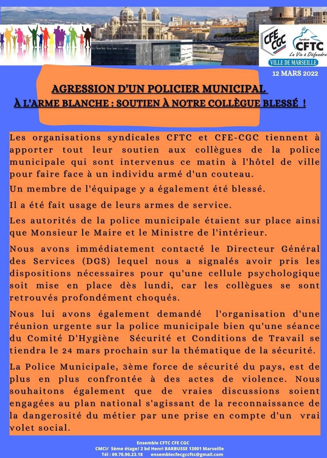AGRESSION D'UN POLICIER MUNICIPAL A MARSEILLE CE MATIN