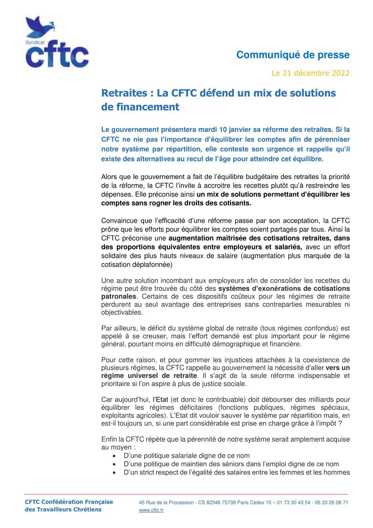 Communiqué de presse Le 21 décembre 2022 Retraites : La CFTC défend un mix de solutions de financement 