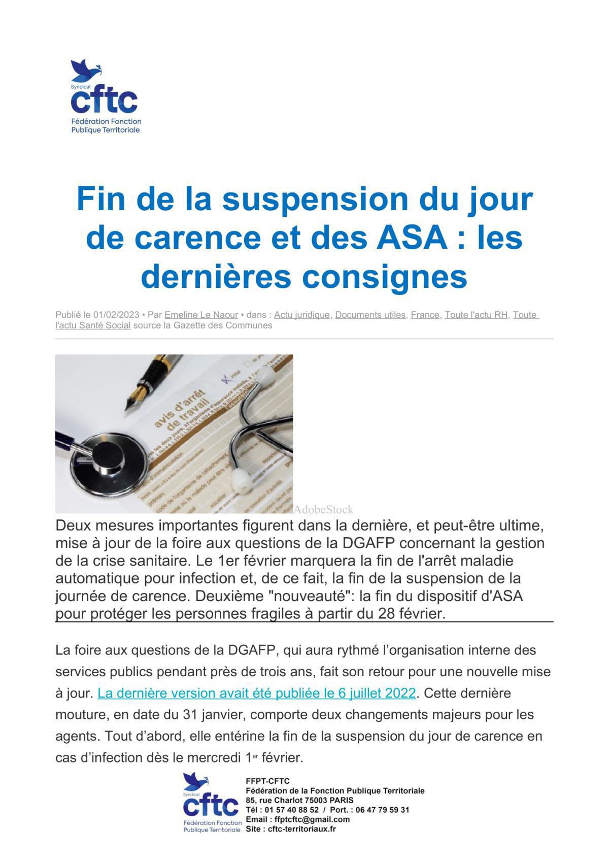 Fin de la suspension du jour de carence et des ASA : les dernières consignes