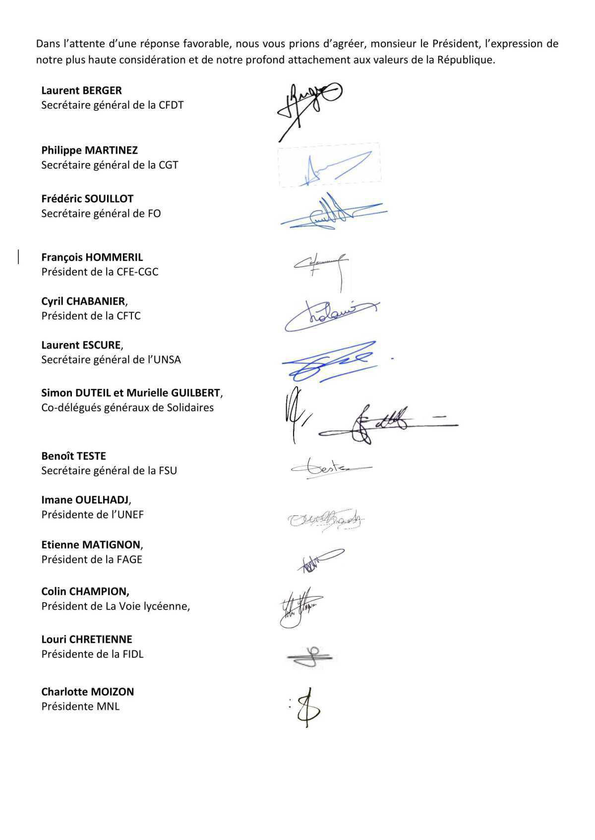 LE COURRIER DE L'INTERSYNDICALE AU PRESIDENT DE LA REPUBLIQUE