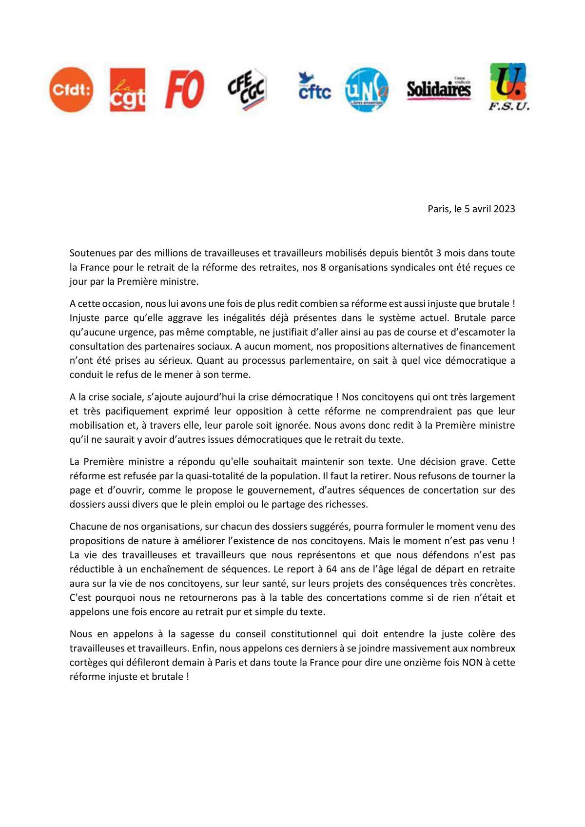 Communiqué intersyndicale à Matignon - 5 avril 2023