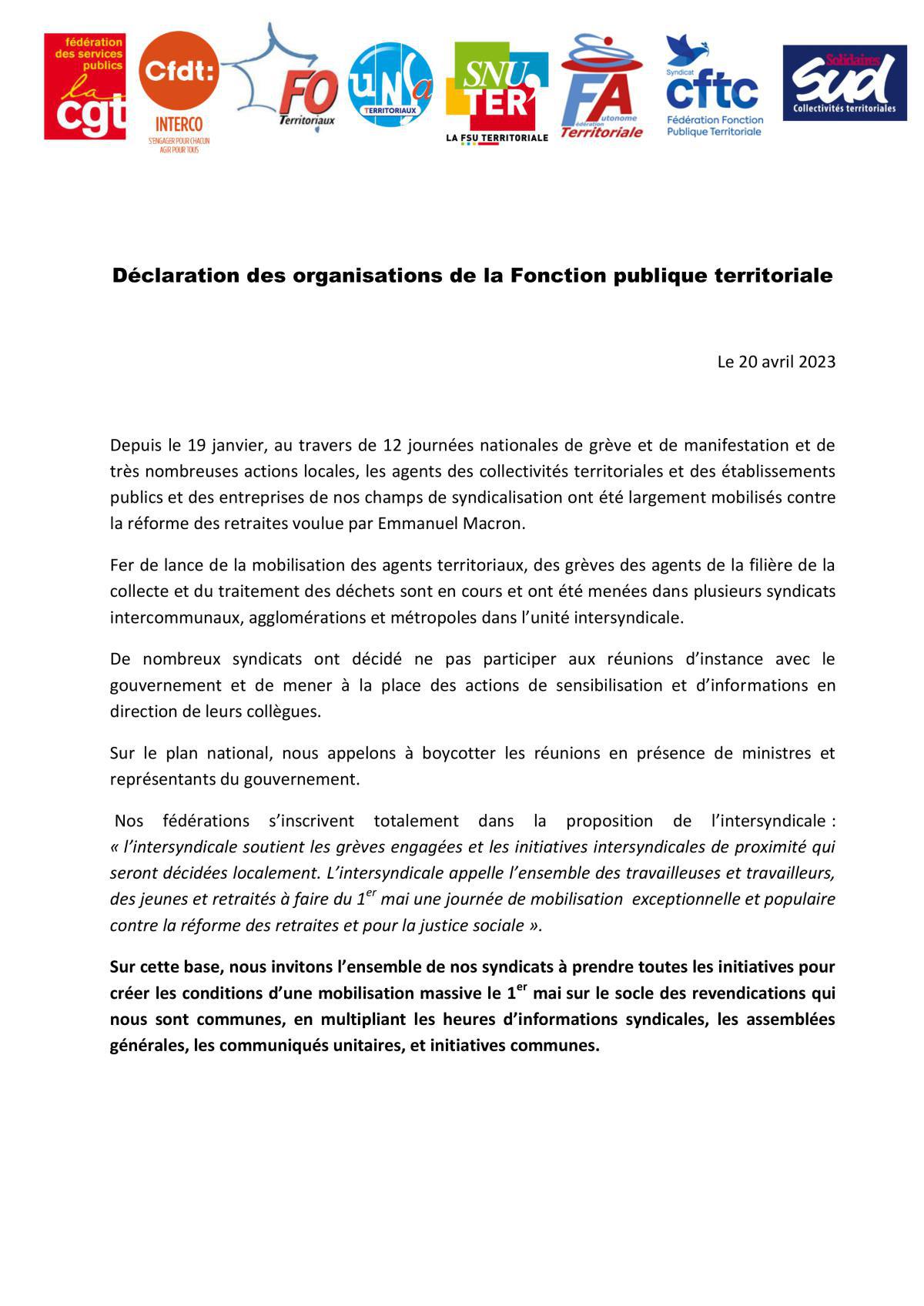 Déclaration des organisations de la Fonction publique territoriale 20.04.23