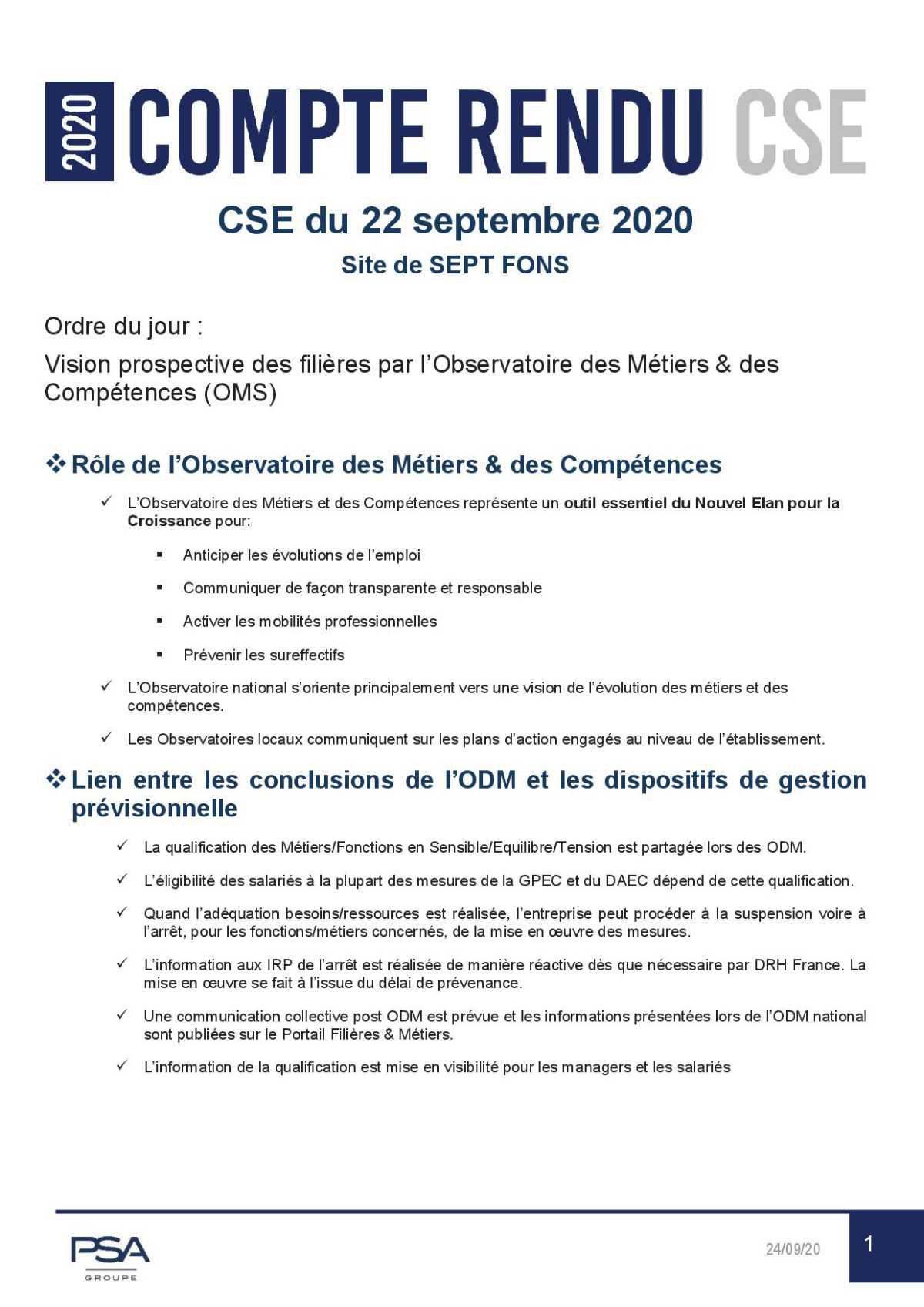 Compte Rendu CSE extra 24 septembre 2020