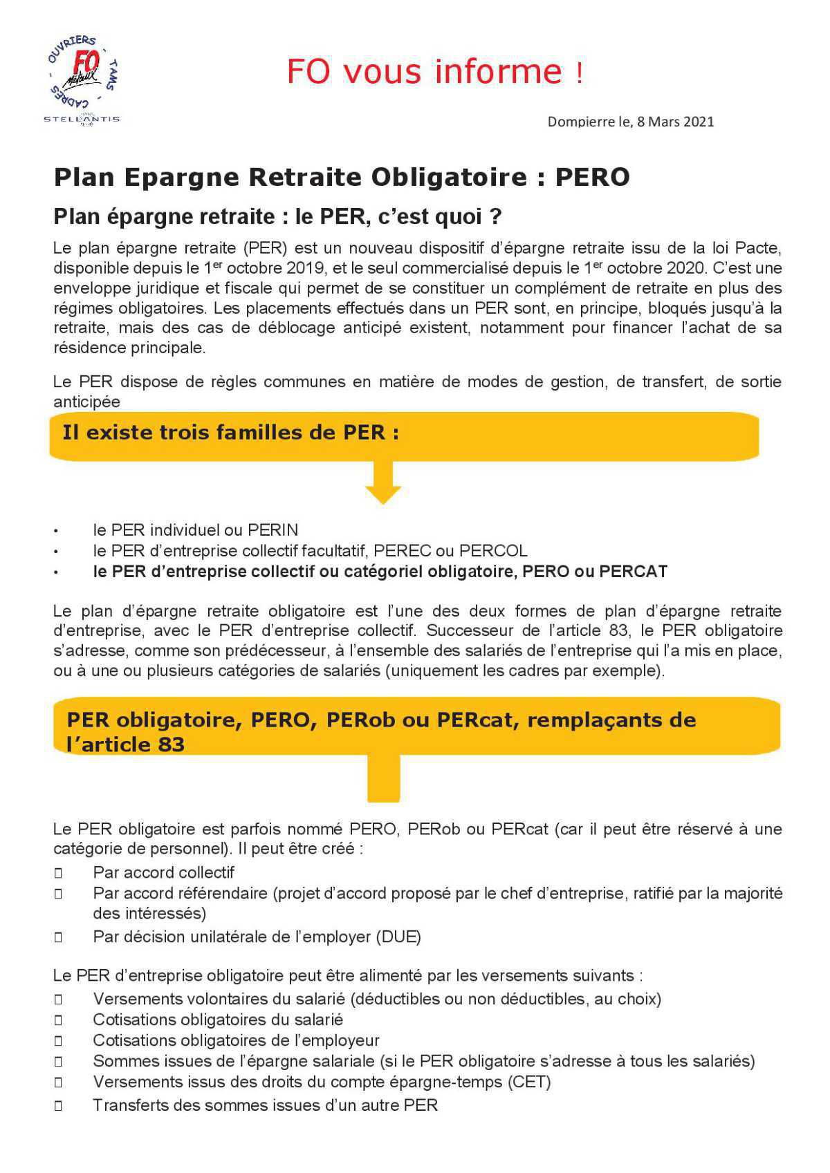 Plan Epargne Retraite... FO vous imforme !