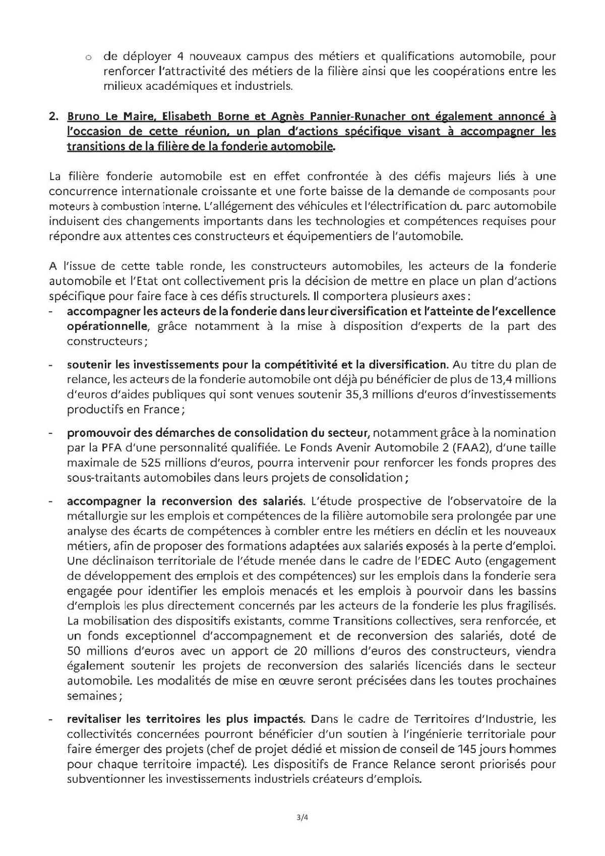 Communiqué de presse de Bercy sur le plan d'action des fonderies.