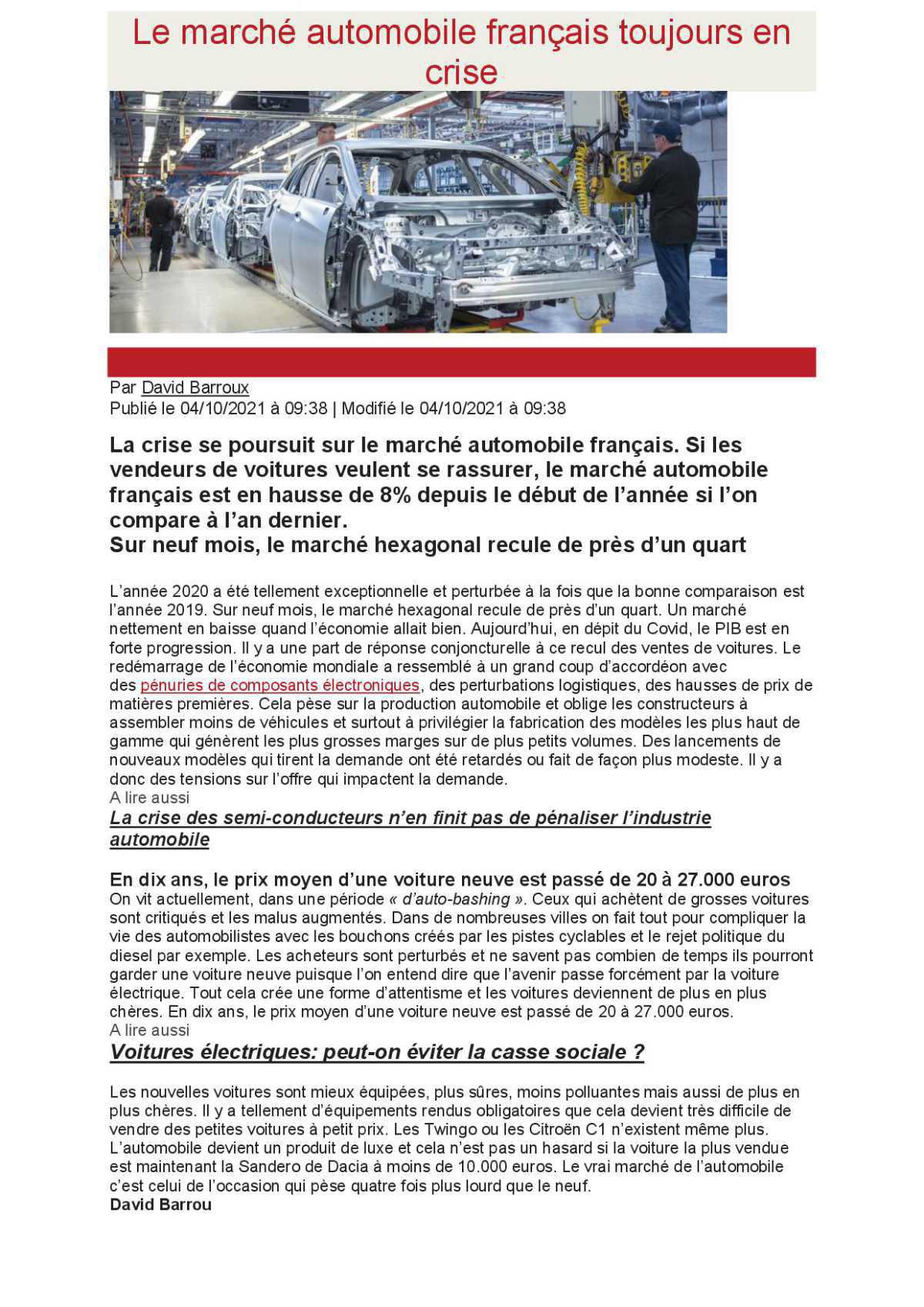 Marché automobile Francais toujours en crise.
