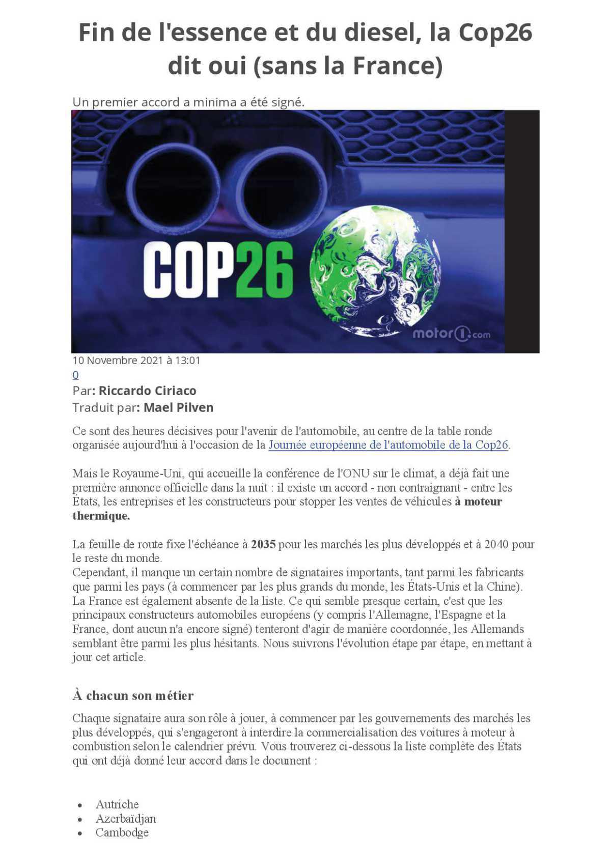 COP 26, le bilan de l'accord sur les moteurs thermiques... 