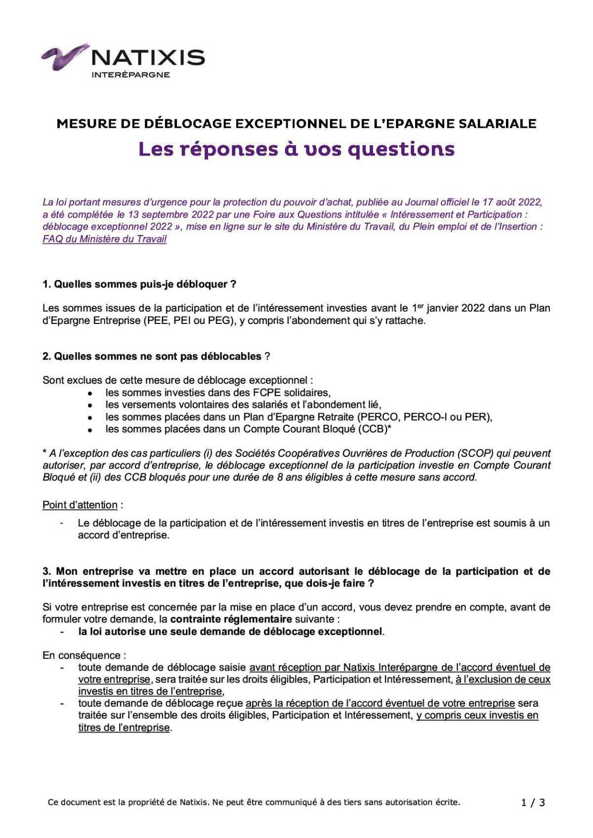 Déblocage des fonds NATIXIS.