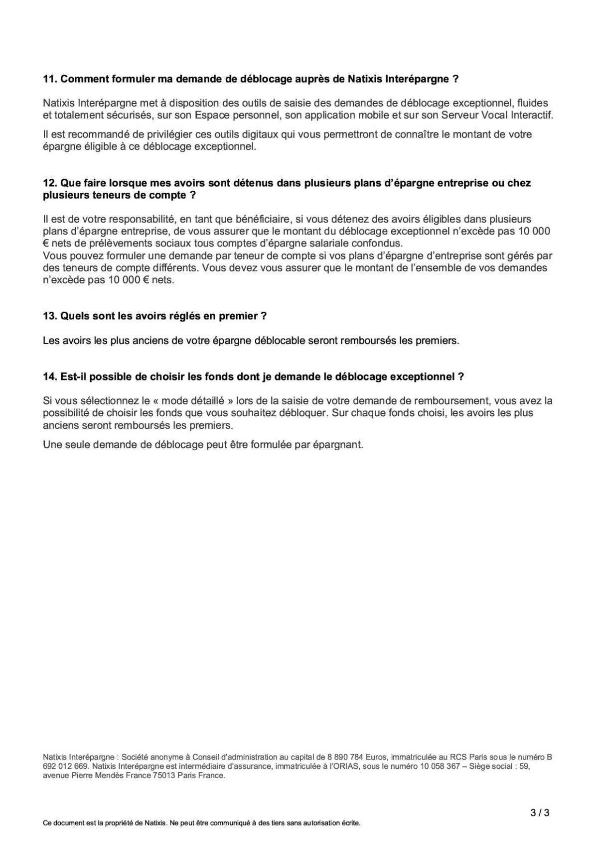 Déblocage des fonds NATIXIS.