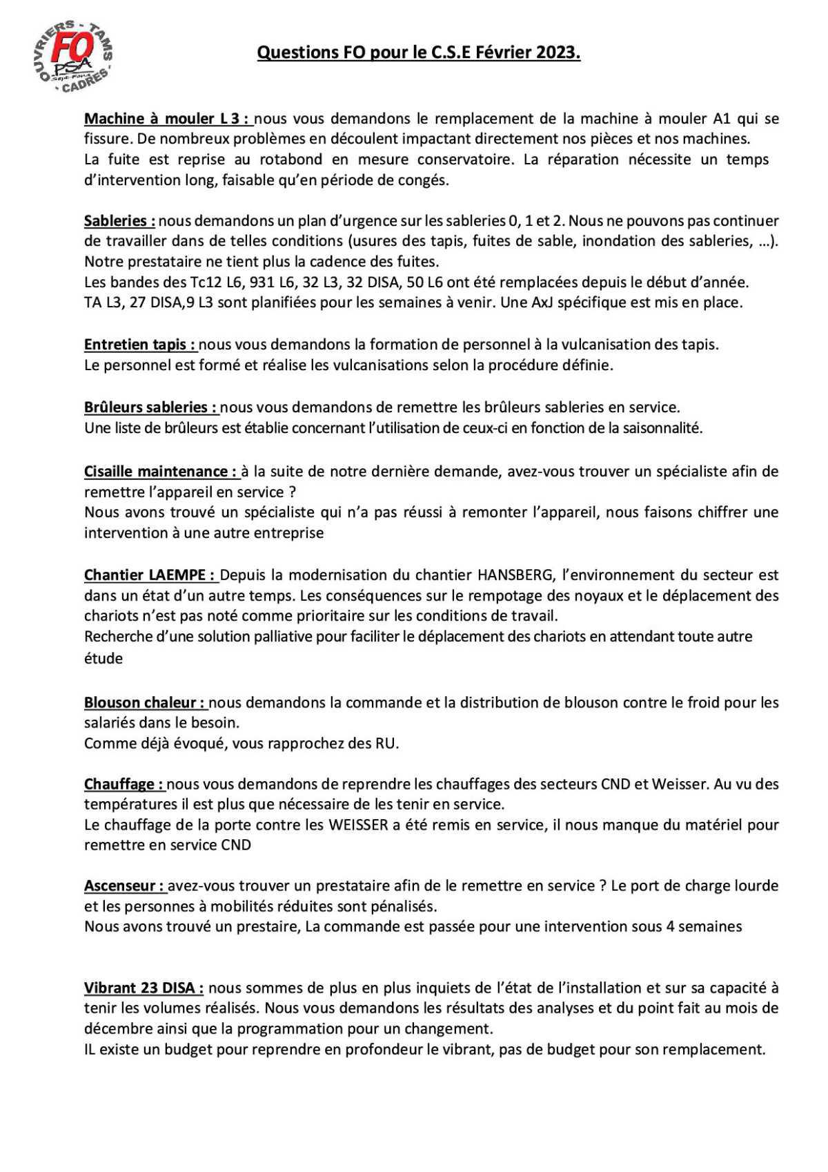 Réponses direction aux questions du CSE.