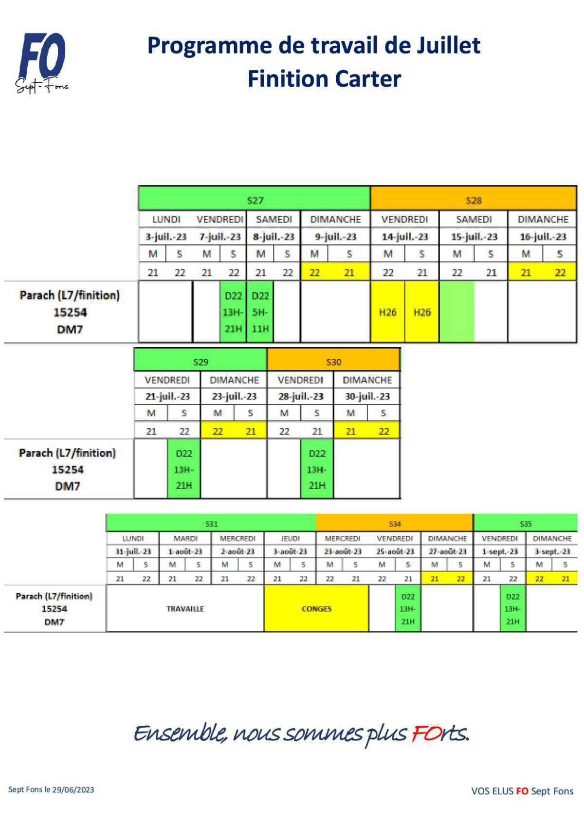 Tableau de travail du CSE du 29 Juin.