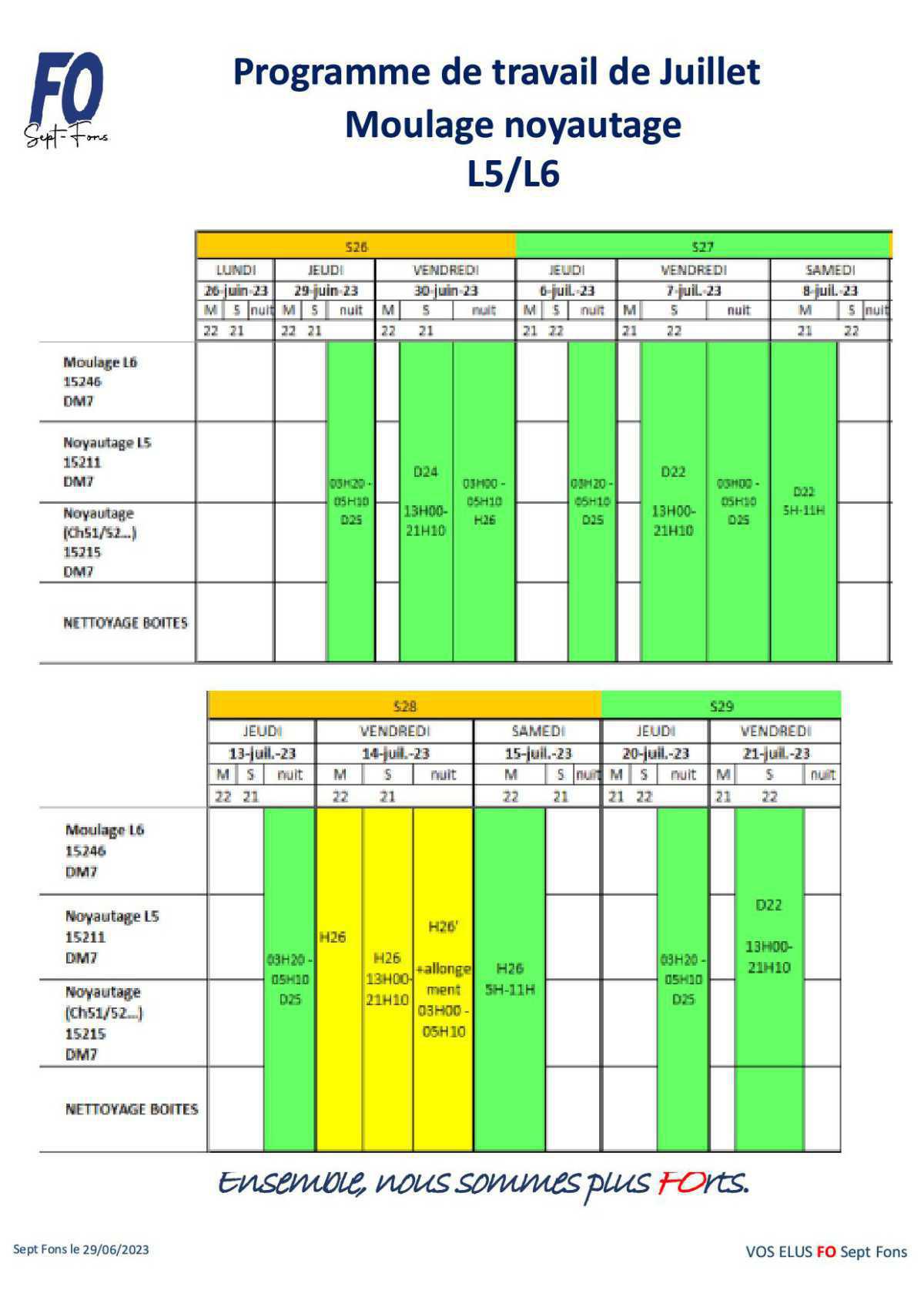 Tableau de travail du CSE du 29 Juin.