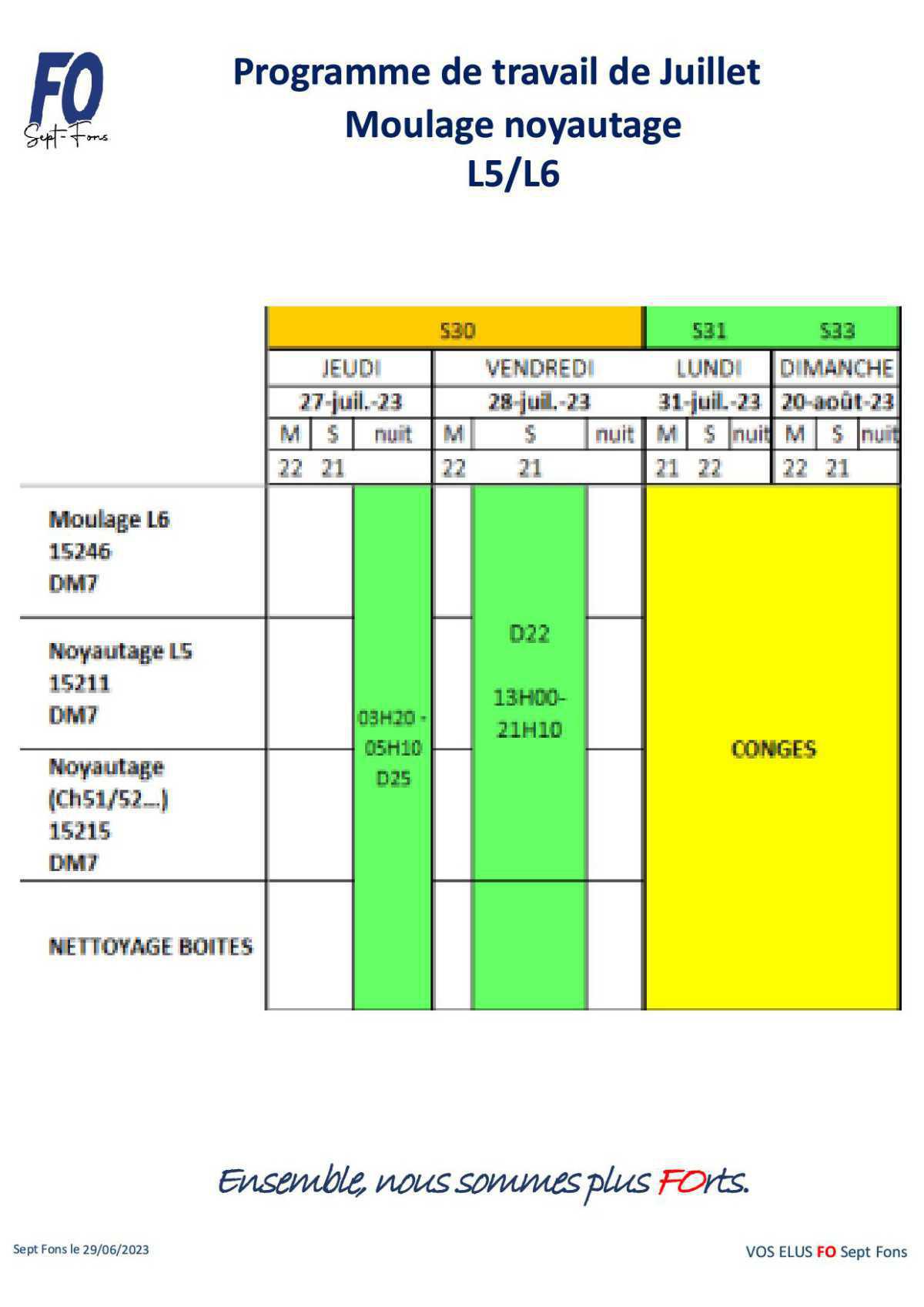 Tableau de travail du CSE du 29 Juin.