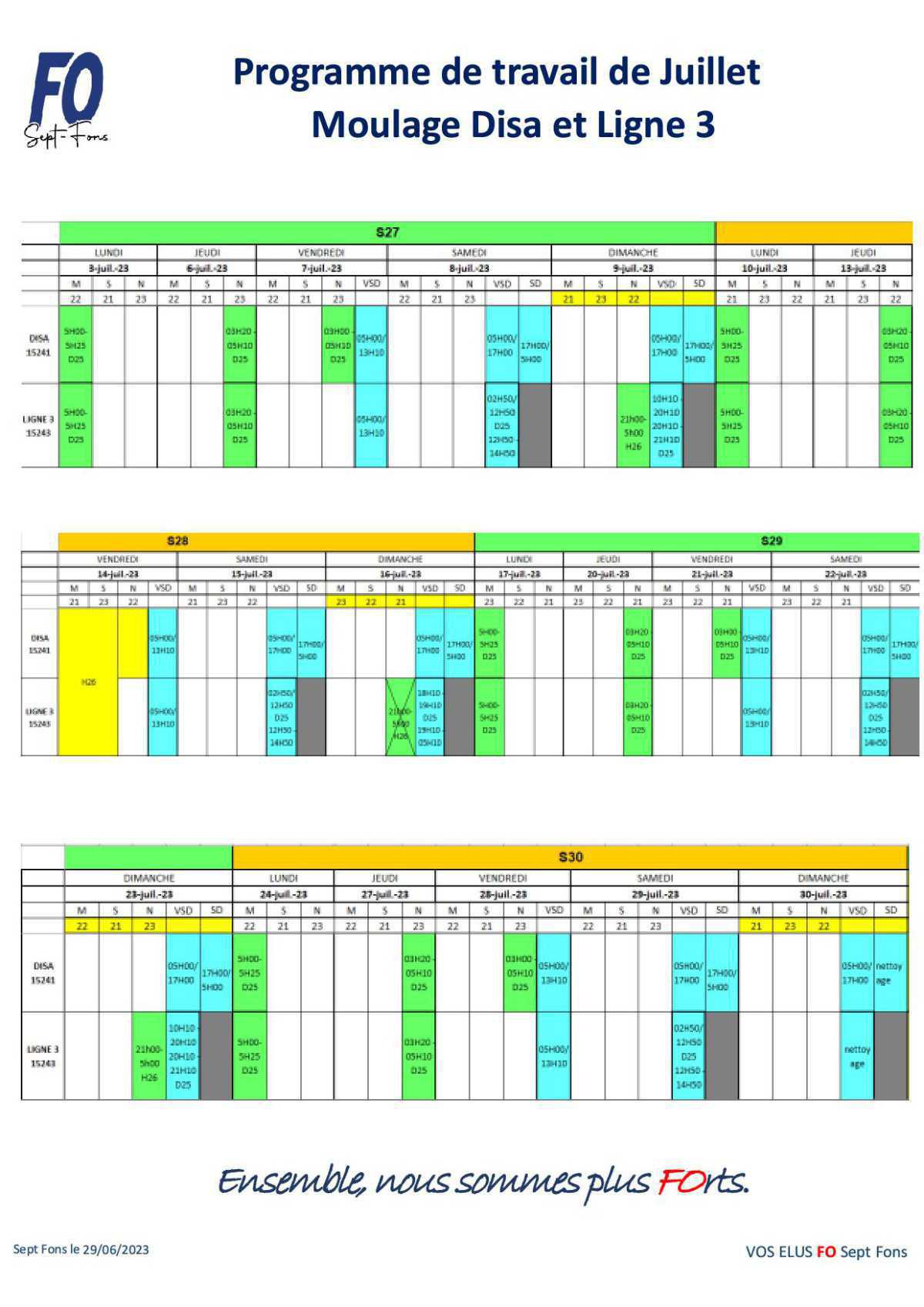 Tableau de travail du CSE du 29 Juin.