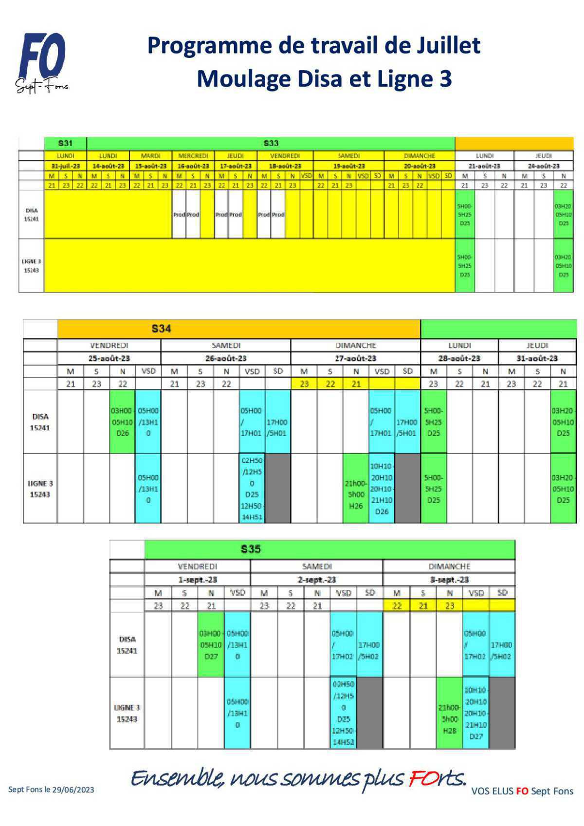 Tableau de travail du CSE du 29 Juin.