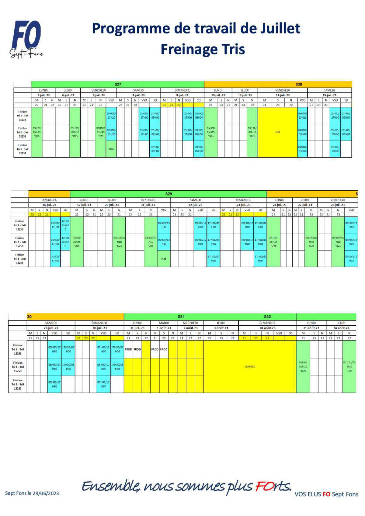 Tableau de travail du CSE du 29 Juin.