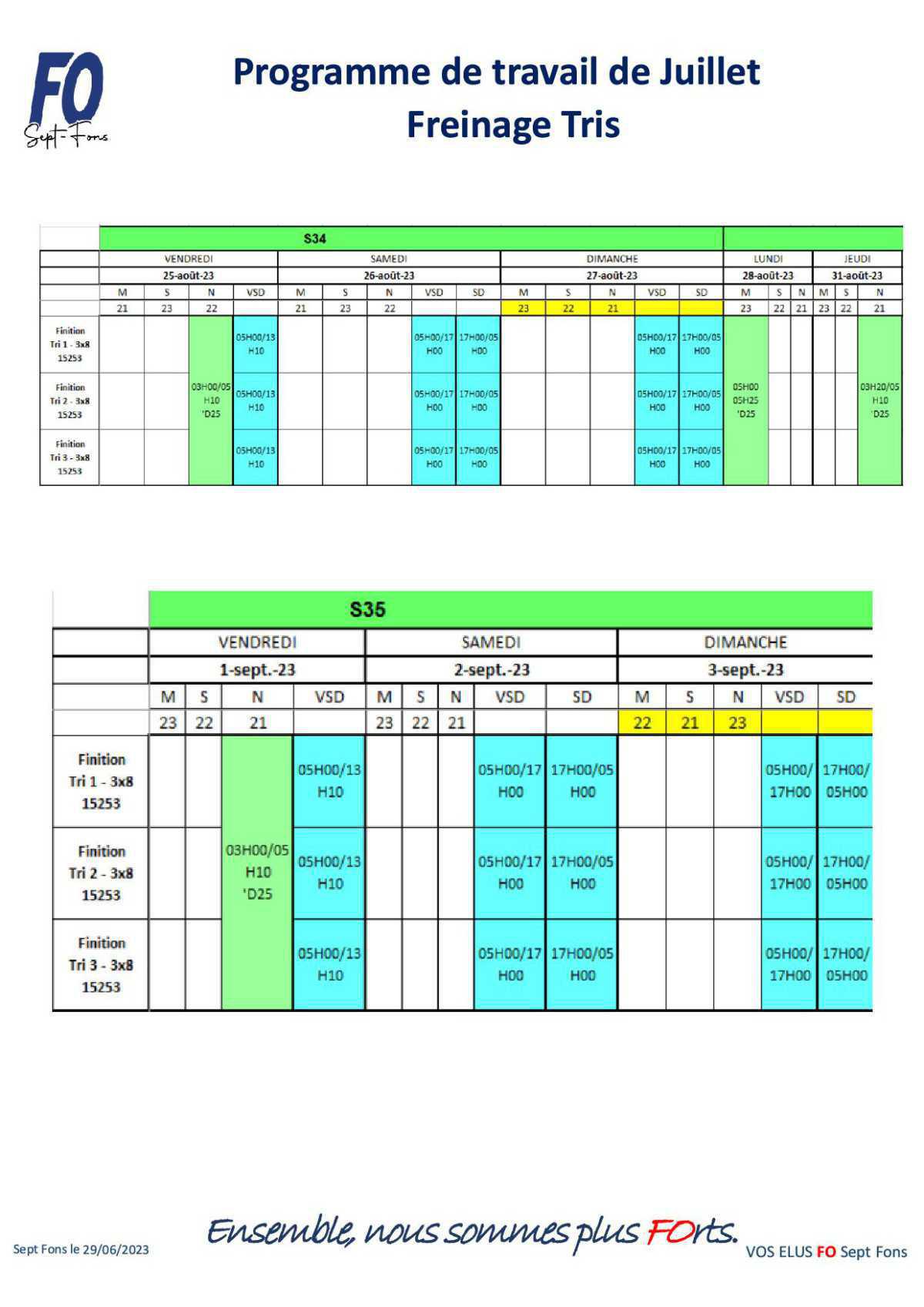 Tableau de travail du CSE du 29 Juin.