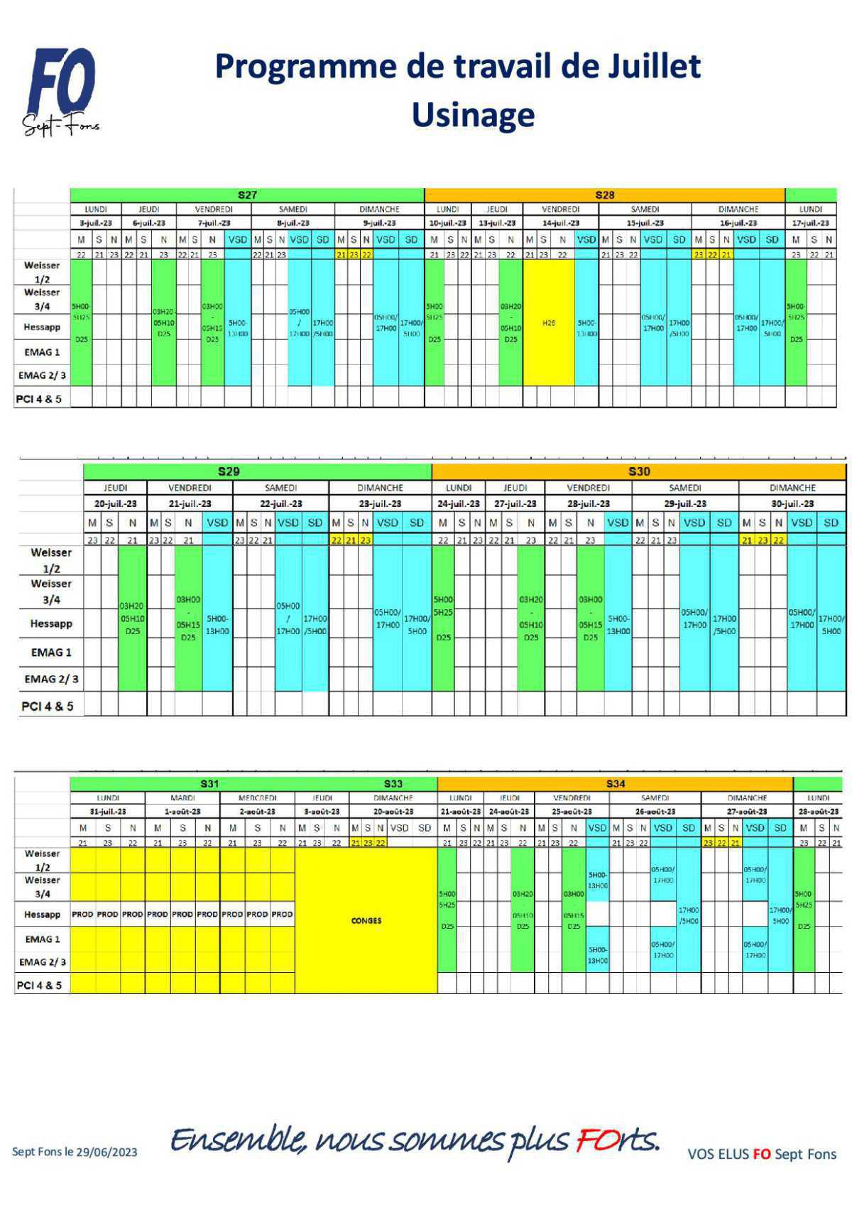 Tableau de travail du CSE du 29 Juin.