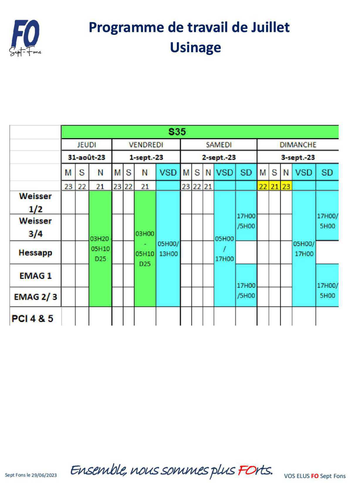 Tableau de travail du CSE du 29 Juin.