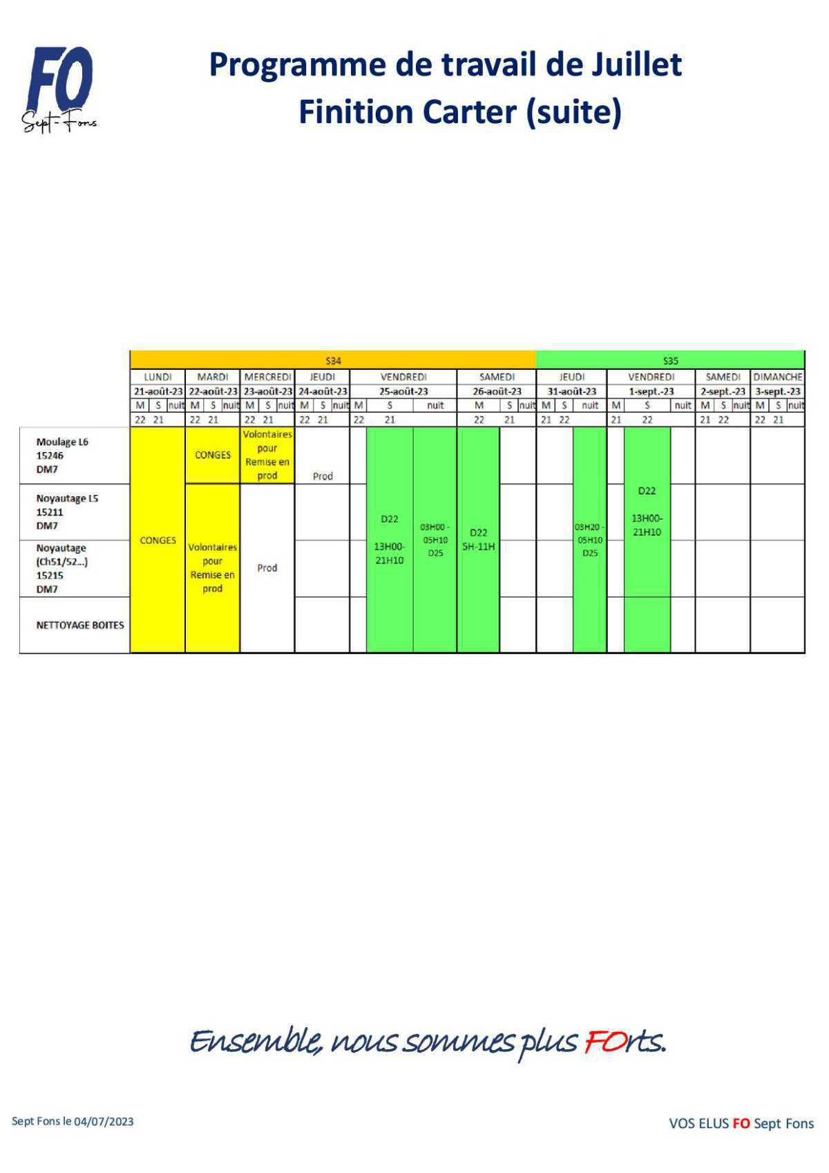 Tableau de travail du CSE du 29 Juin.