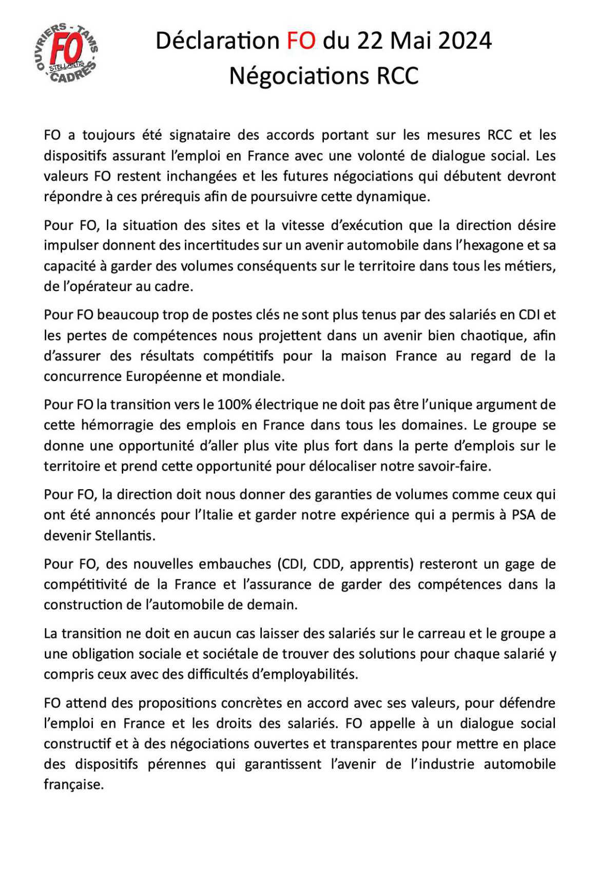 Déclaration FO à Poissy la défense de nos emplois !