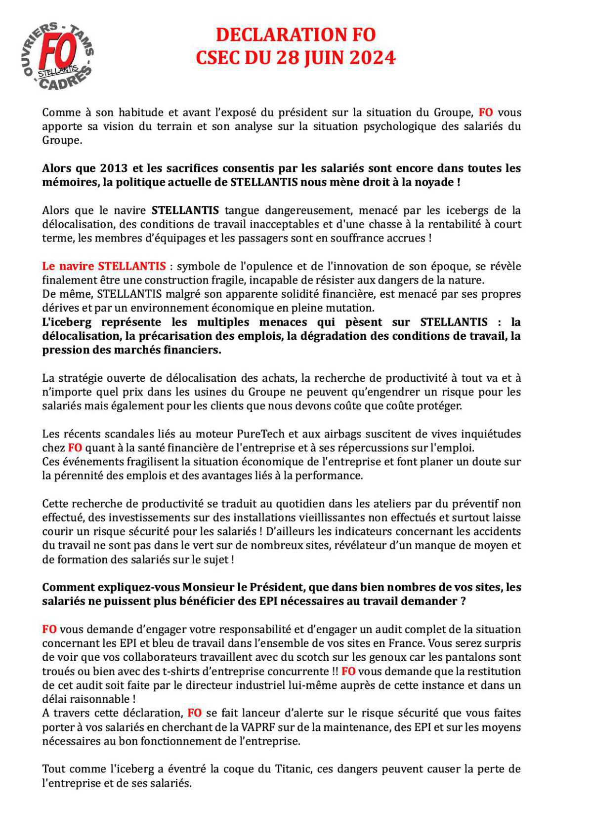 Déclaration FO lue devant le RH monde lors du CSE Central.