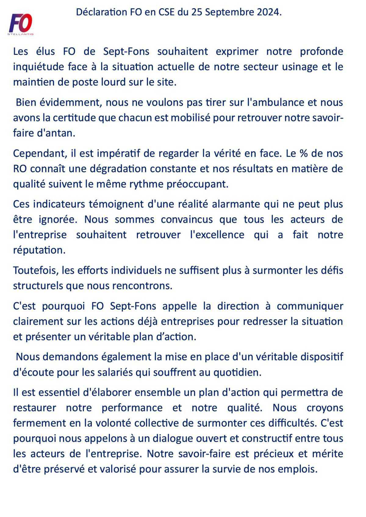 Déclaration FO Sept Fons en CSE sur le Non RO et le poste Décochage Ligne 6.