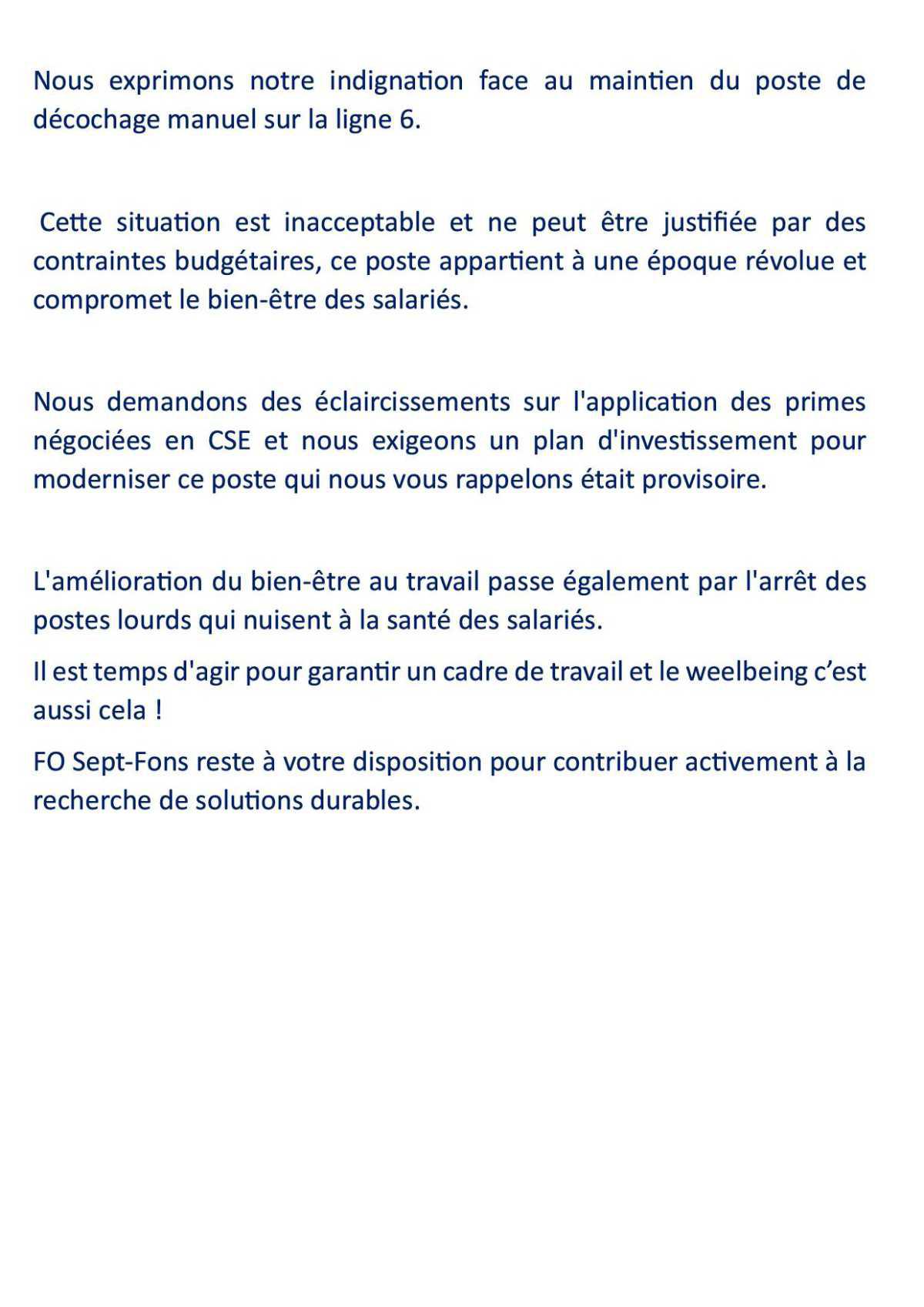 Déclaration FO Sept Fons en CSE sur le Non RO et le poste Décochage Ligne 6.