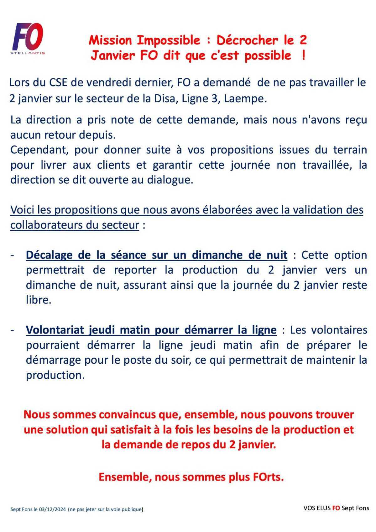 LE 2 Janvier équipe MATIN, c'est possible pour la Disa, Ligne 3 et les Laempe !