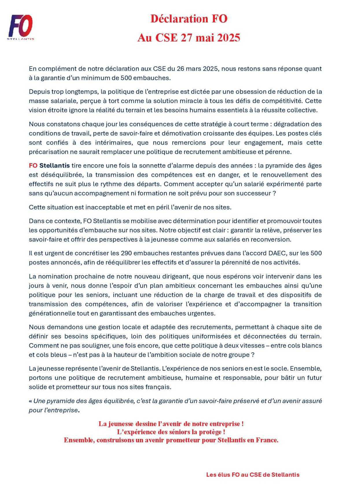 FO demande des embauches en CSE en entrée de séance.