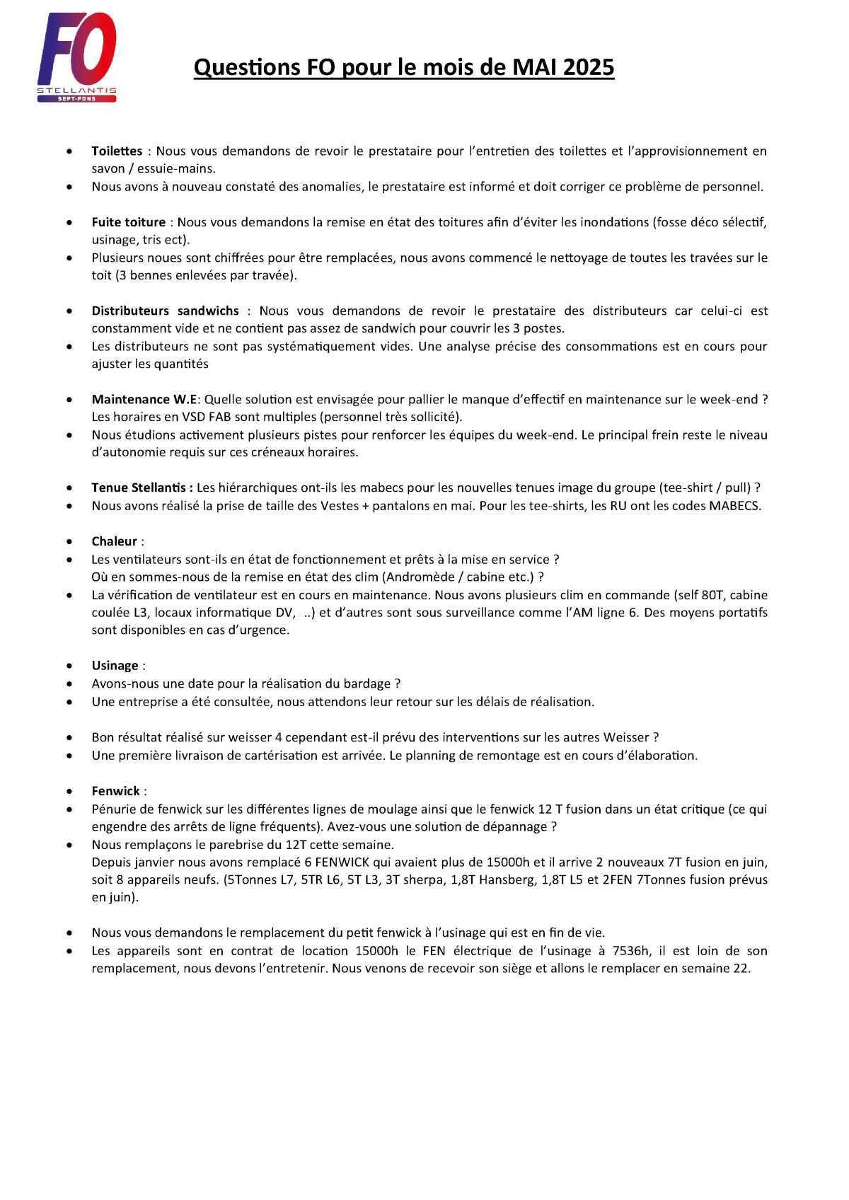Réponses aux questions posées en CSE de mai 2025.