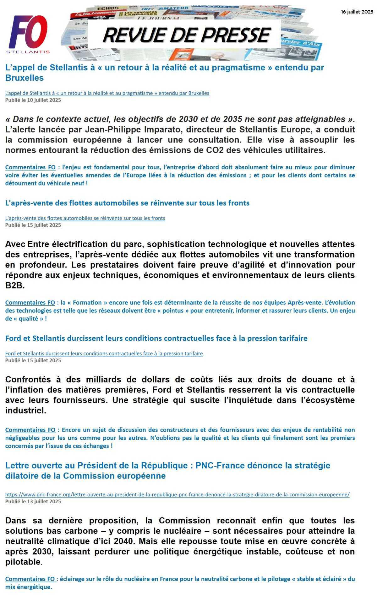 REVUE DE PRESSE FO, 16 juillet 2025