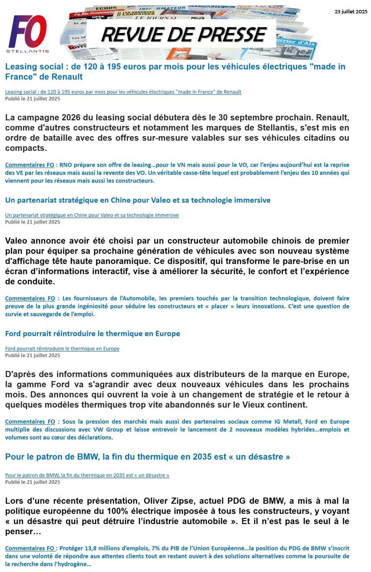 REVUE DE PRESSE FO, 23 juillet 2025