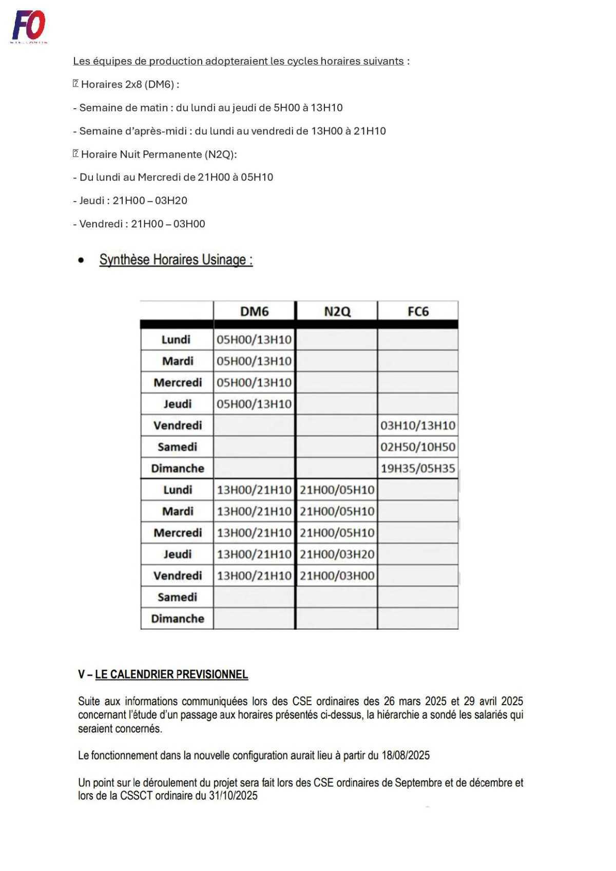 Horaires usinage consultation au CSE.