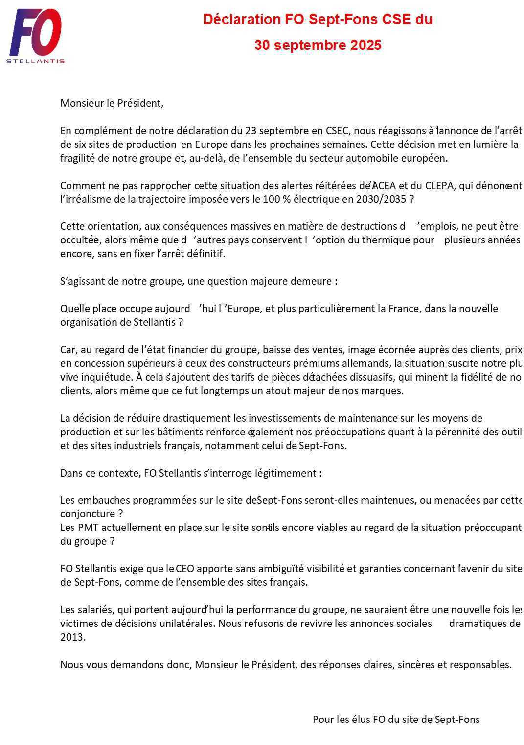 Déclaration FO en CSE 30 septembre 2025