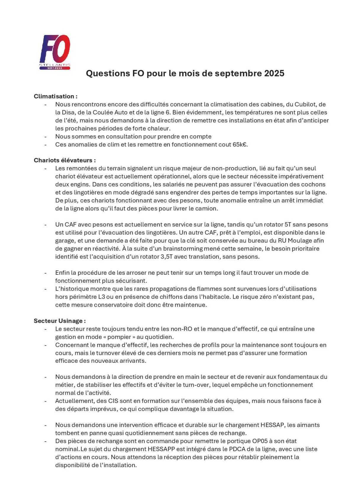 Sujets remontés en CSE par FO avec le retours de la direction !