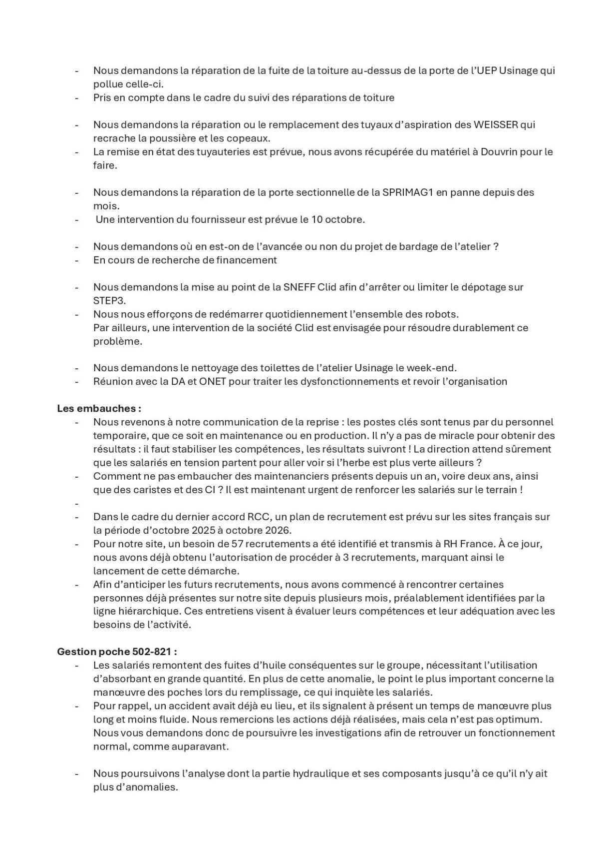 Sujets remontés en CSE par FO avec le retours de la direction !