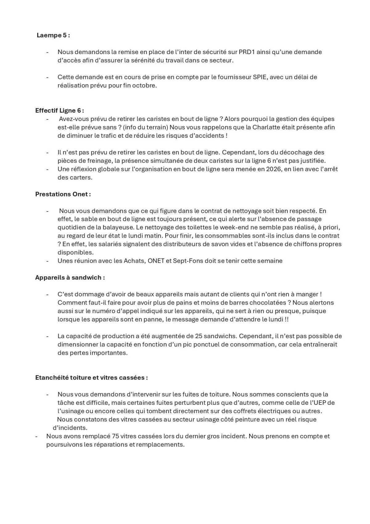 Sujets remontés en CSE par FO avec le retours de la direction !
