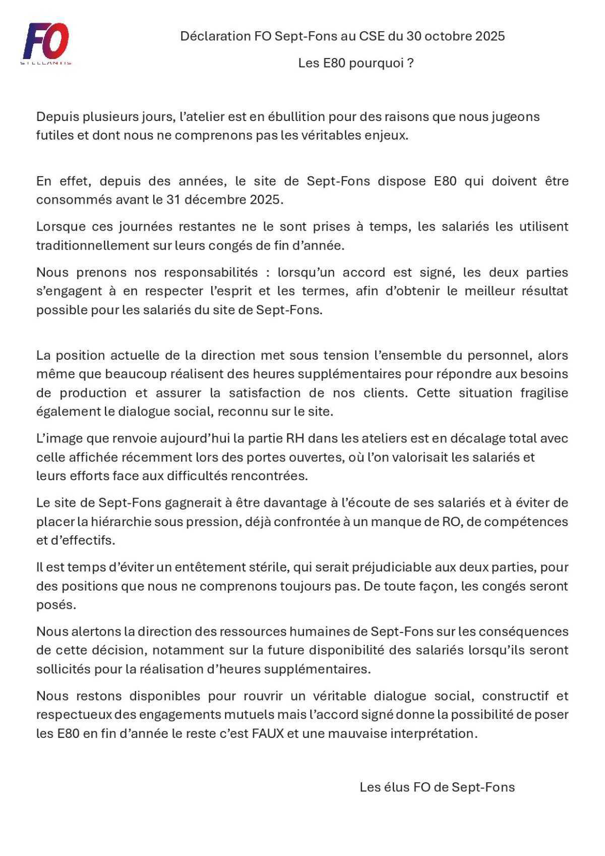 Déclaration FO en CSE concernant les E80 l'accord nous protège !