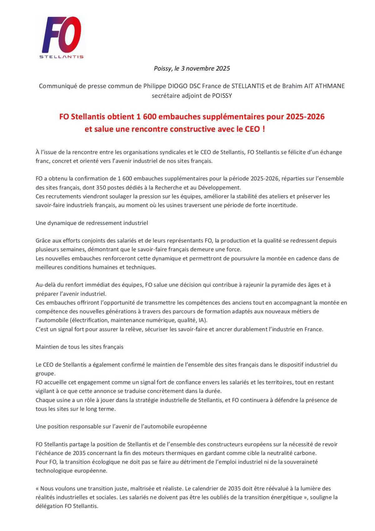 communiqué de presse FO suite à la rencontre avec Mr Filosa 