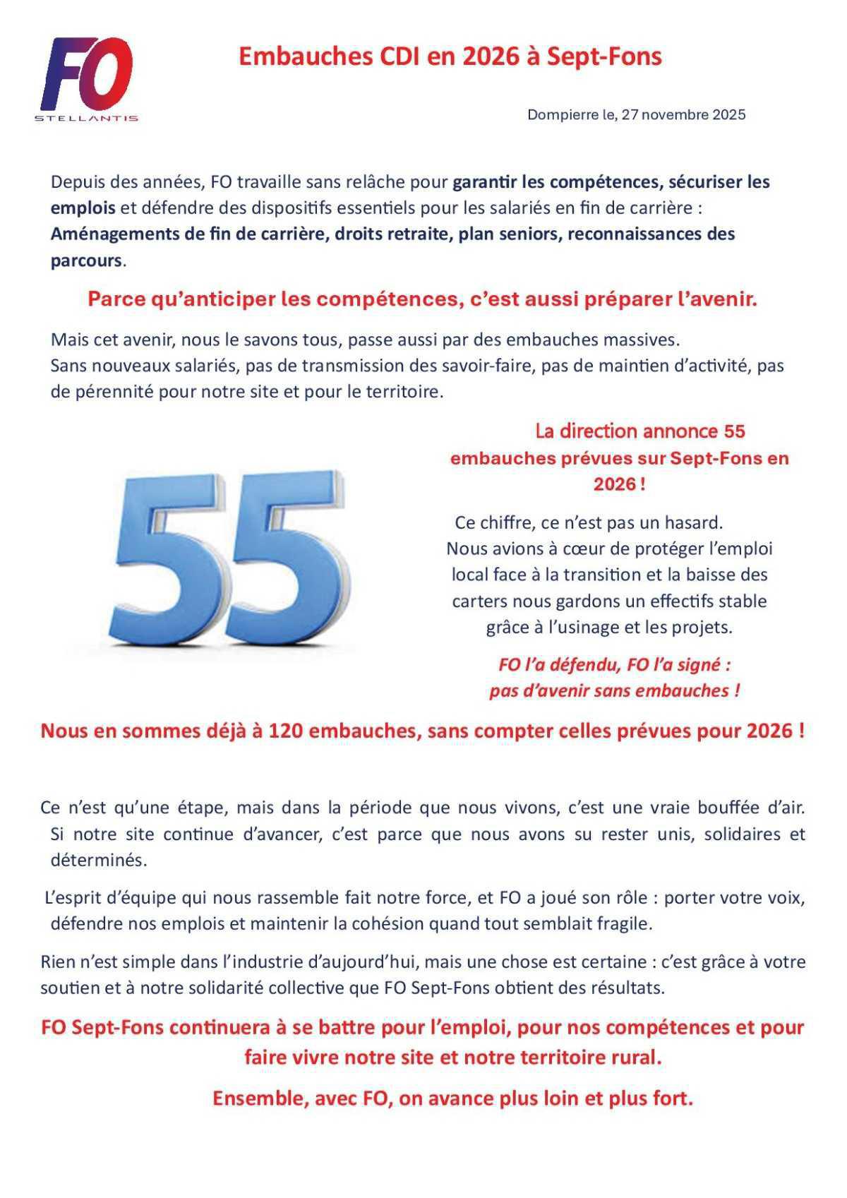 55 embauches à Sept-Fons en 2026, FO en action 💪