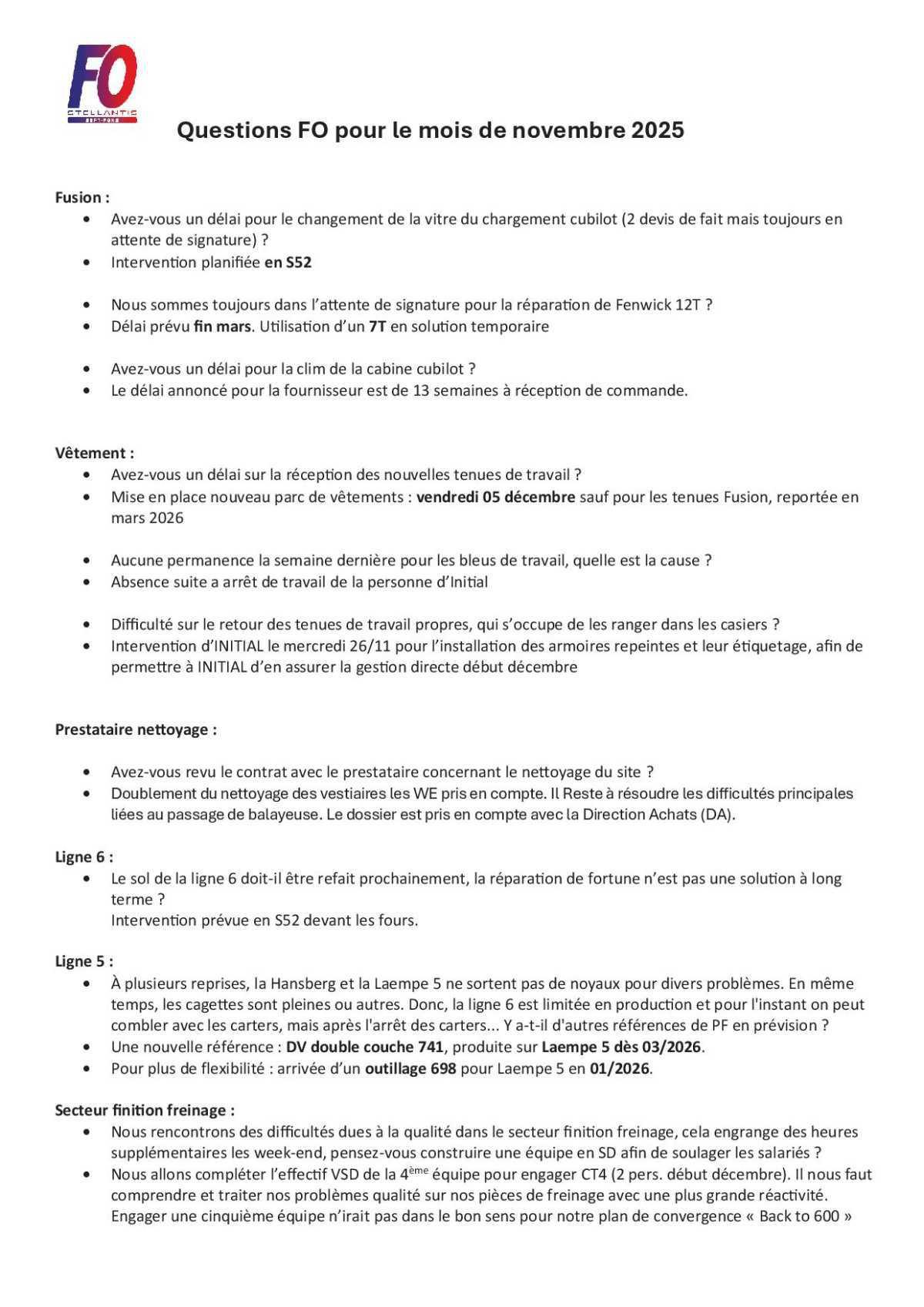 Les réponses de la direction suite aux questions FO !