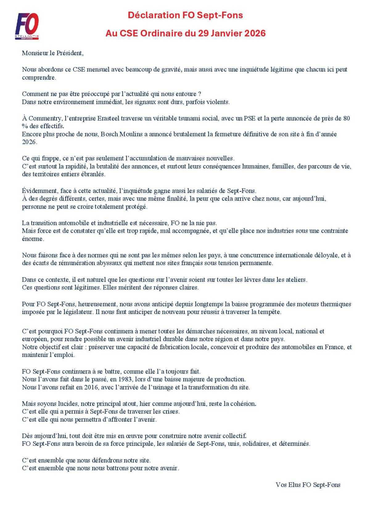 Déclaration FO du 29 Janvier en CSE !📢