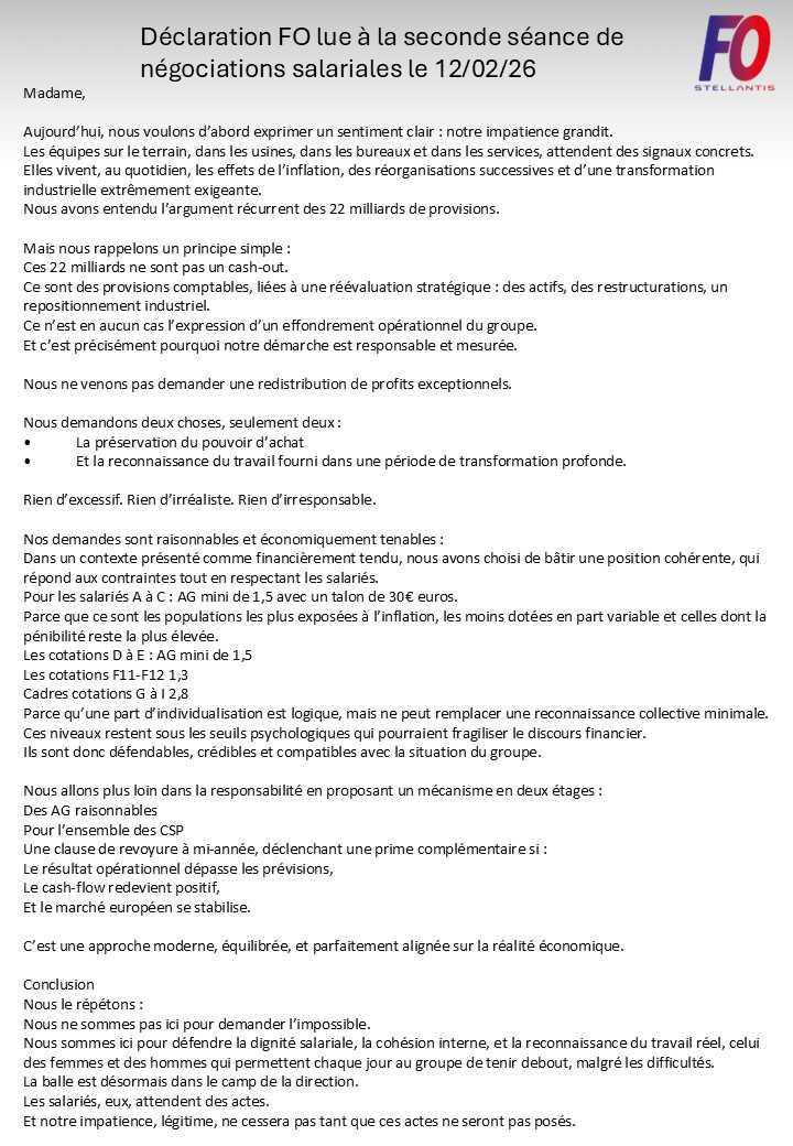 Déclaration FO lue à la seconde séance de négociations salariales le 12/02/26