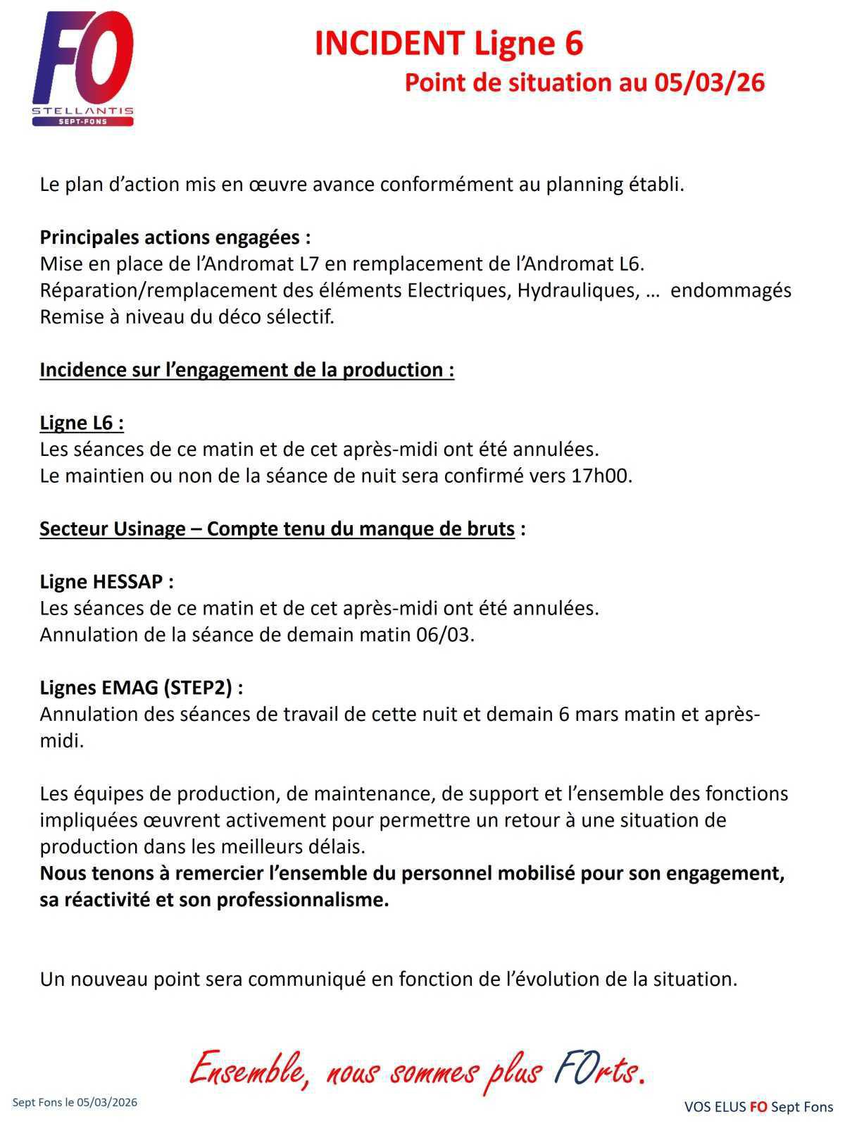 INCIDENT Ligne 6, Point de situation au 05 mars 26