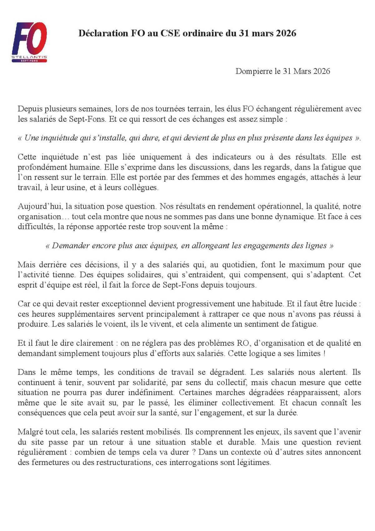 Déclaration en début de CSE du 31 Mars 2026