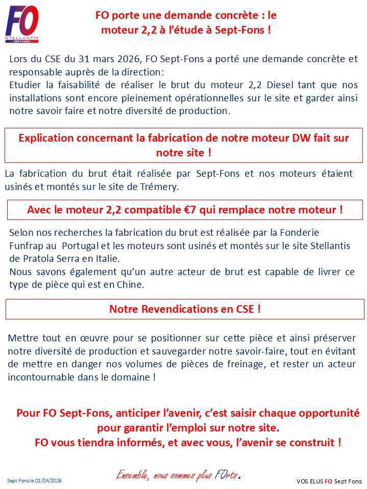 FO revendique l'étude du moteur 2,2 L à Sept Fons